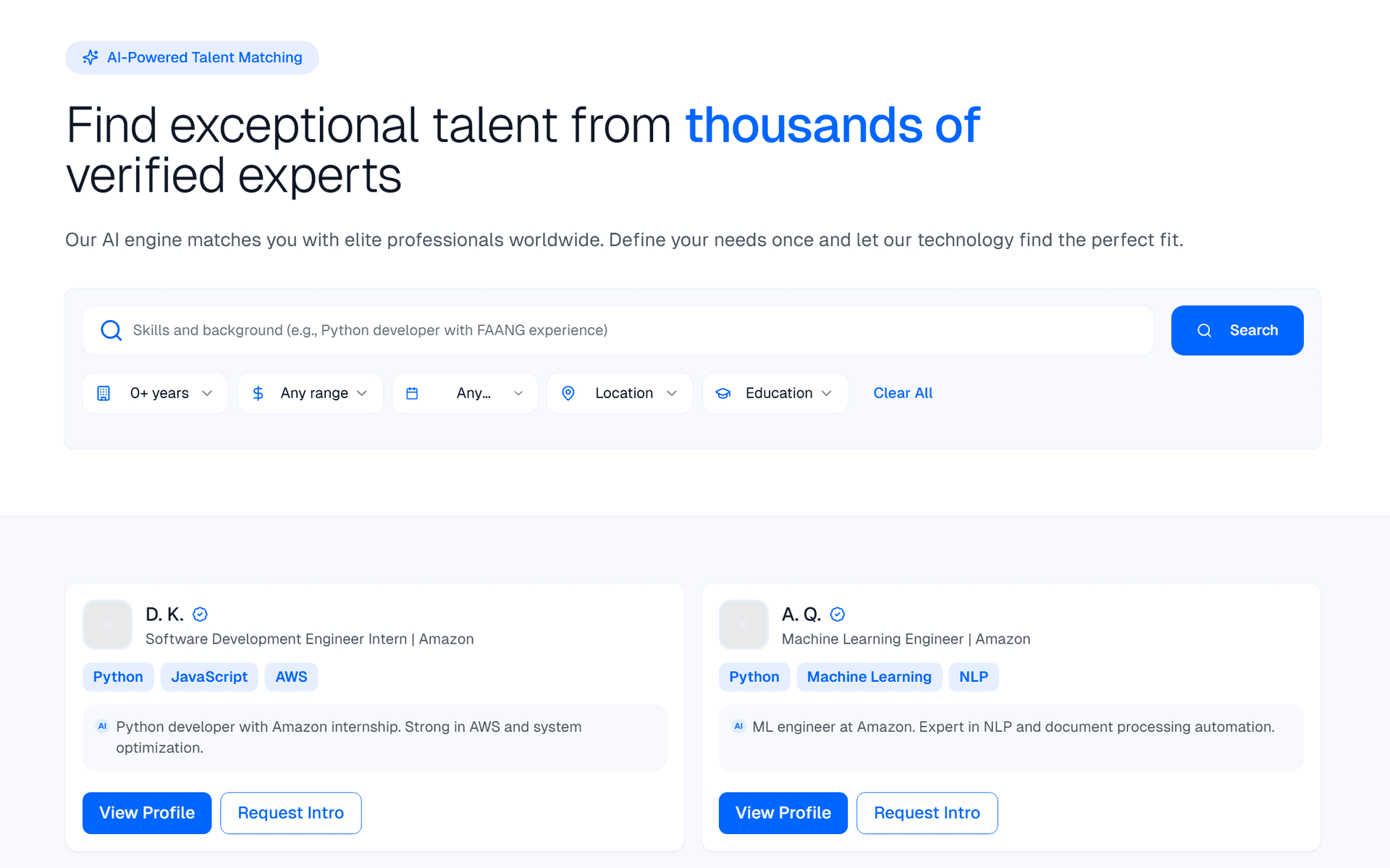 AI-Powered Talent Matching interface showing search filters and candidate profiles