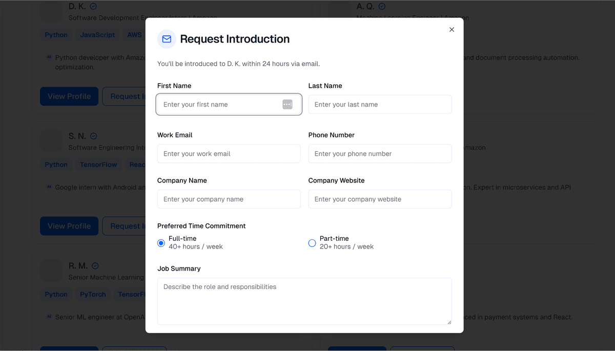Talent selection interface showing multiple candidates and request introduction form