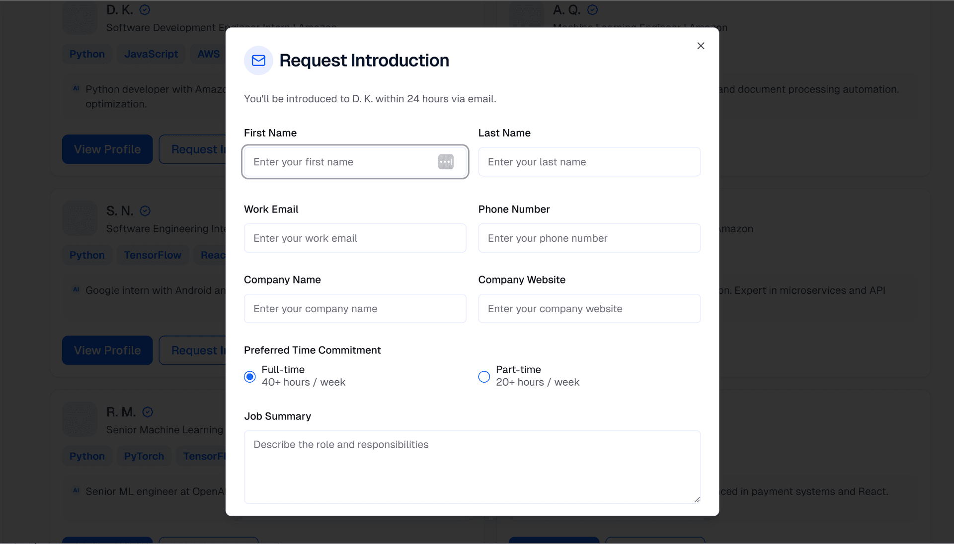 Talent selection interface showing multiple candidates and request introduction form